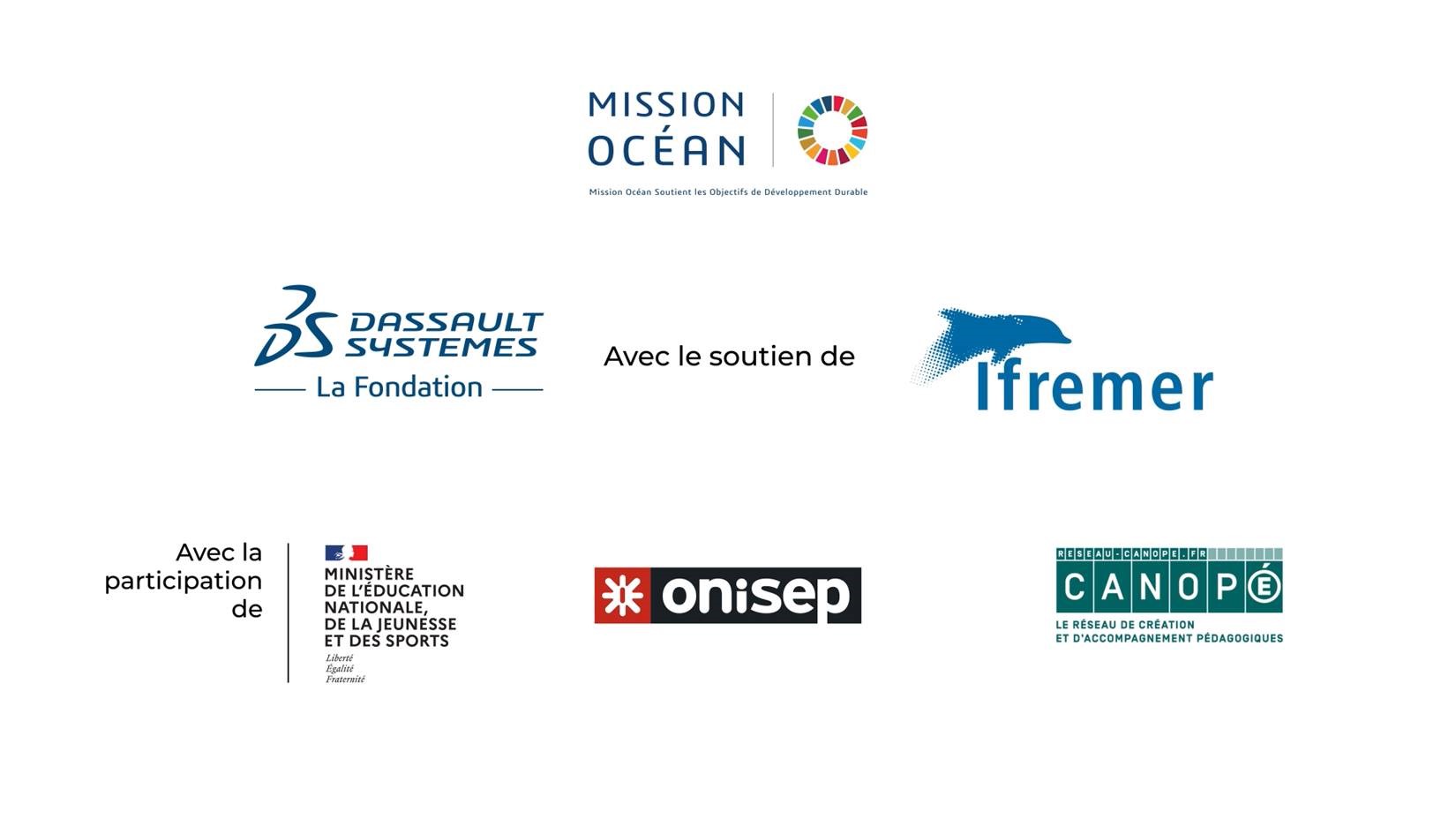 Logos des partenaires: la fondation dassault systèmes, l'ifremer, le ministère de l'éducation de la jeunesse et des sports, canopé, l'onisep