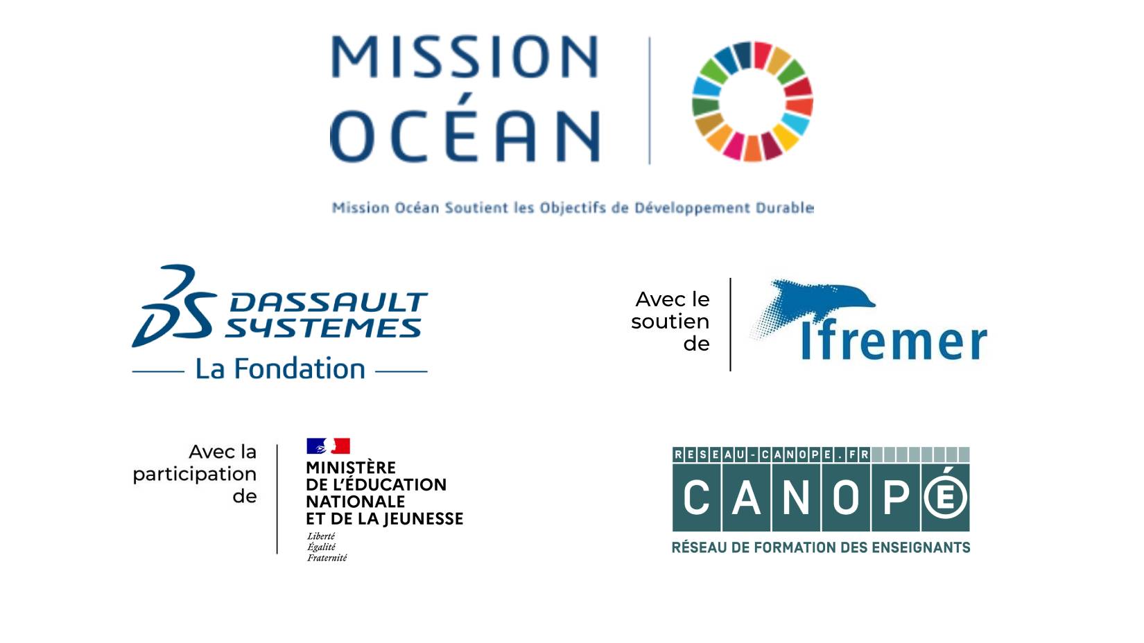 Logos des partenaires: la fondation dassault systèmes, l'ifremer, le ministère de l'éducation de la jeunesse et des sports, canopé