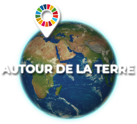 La planète terre avec un halo bleuté et une balise mission océan en haut à gauche. il est écrit : Autour de la terre.